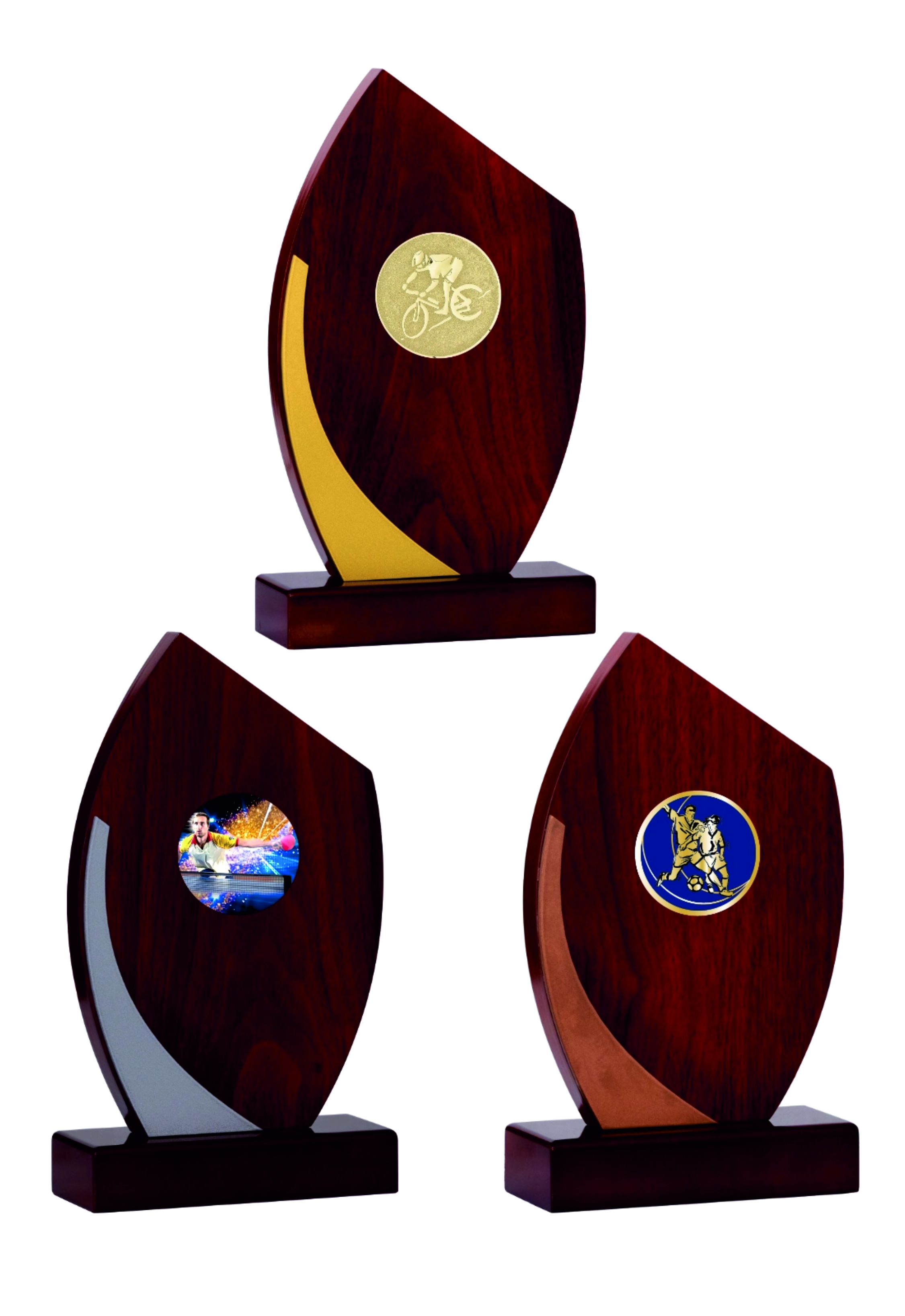 Holz Trophäen in Gold - Silber und Bronze